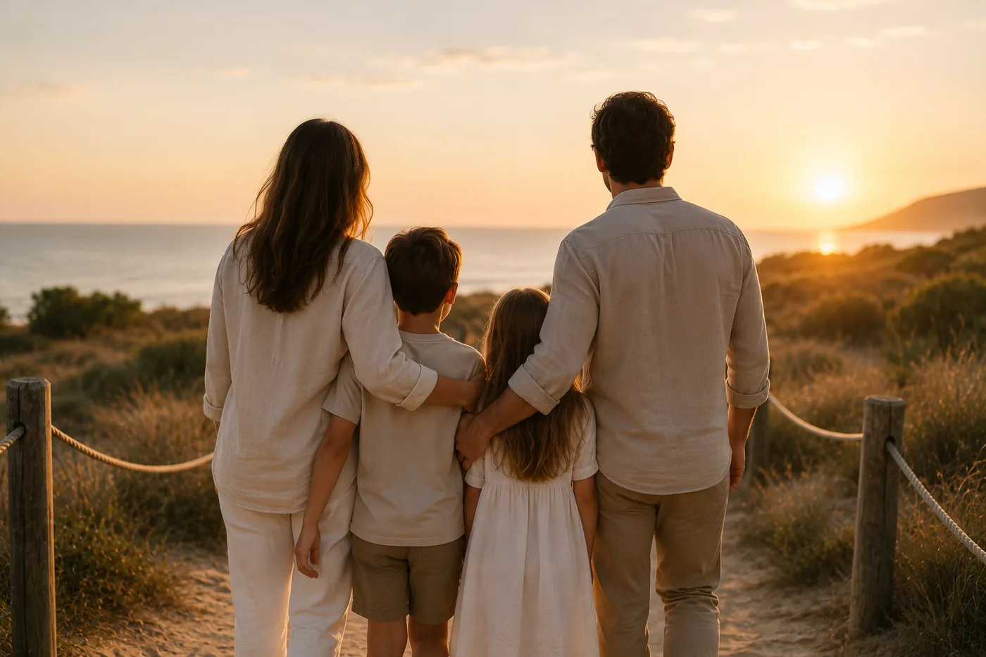 Familia contemplando el atardecer