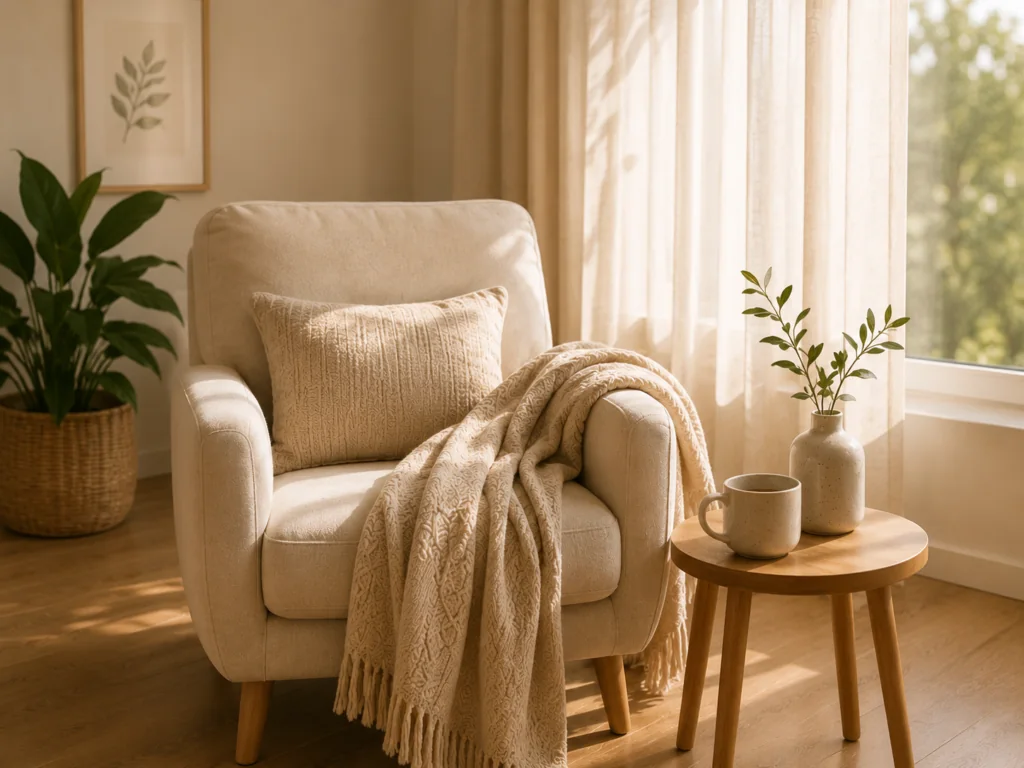 Sillón acogedor junto a una mesita y un florero en un espacio sereno